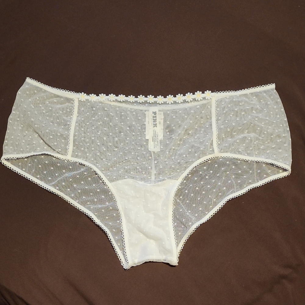 PINK Victoria's Secret White Sheer Dot & Daisy Trim Cheeky Hipster Panty NWT XL